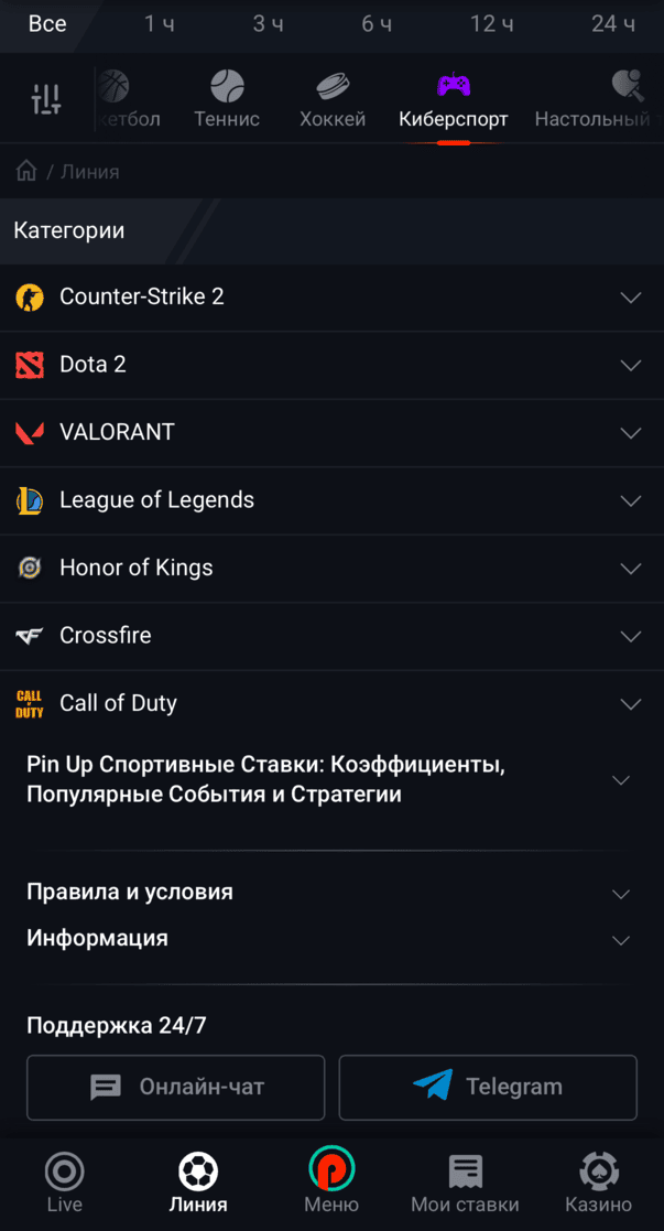 Страница ставок на киберспорт в БК PinUp с матчами, коэффициентами, линией событий и рынками для популярных дисциплин