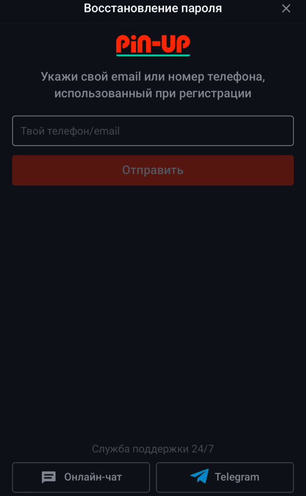 Форма восстановления пароля в БК PinUp для сброса доступа к аккаунту, подтверждения данных и повторного входа на сайт